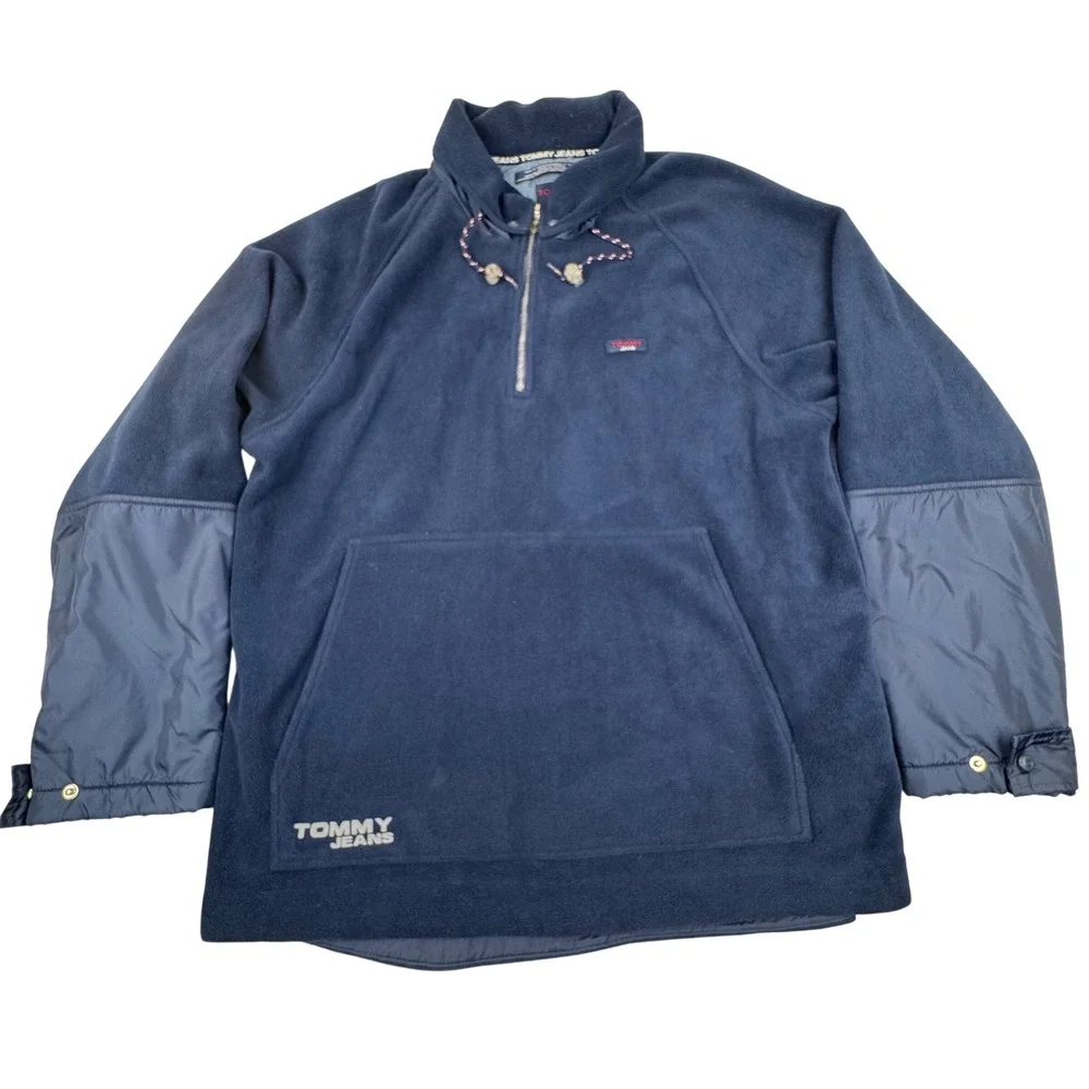 Vintage Tommy Jeans Fleece Pullover Mens Large Navy Blue 1/4 Zip Packable Hood